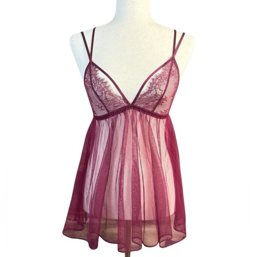 Victoria's Secret Burgundy Lingerie Babydoll Vintage Inspired Sheer Strappy XS